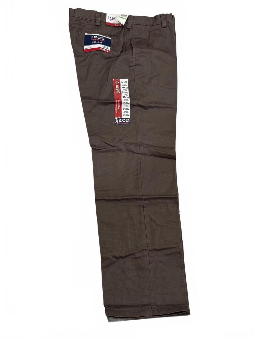 IZOD American Chino Classic Fit Men's Pants 34x32 Brown Non-Iron Cotton